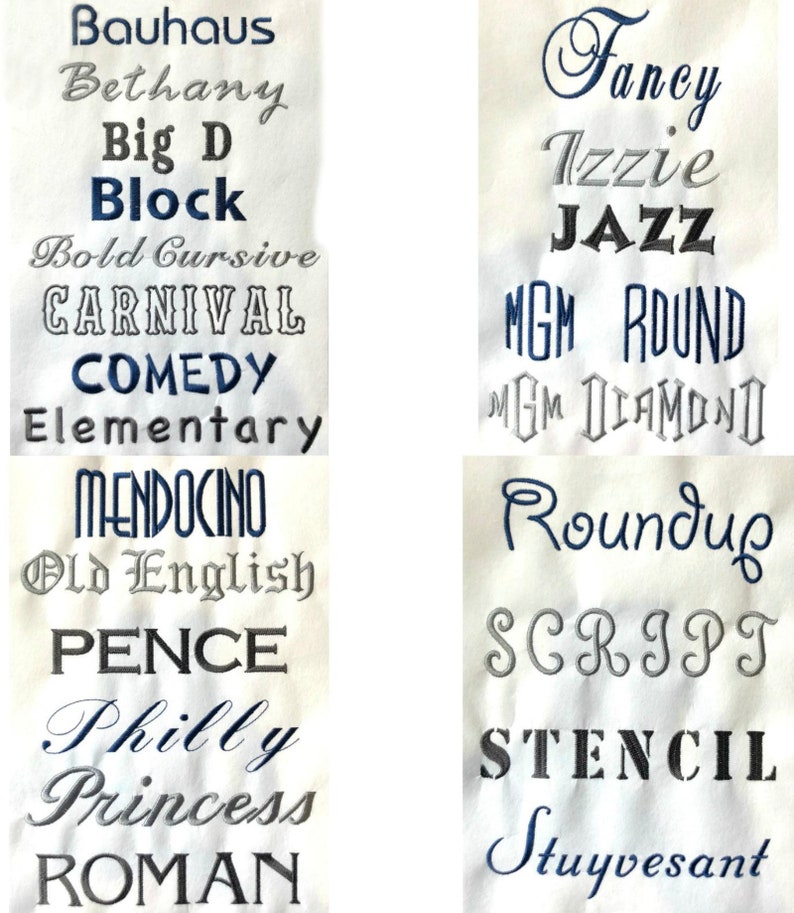 May include: A collection of embroidered font samples in various styles, including "Bauhaus," "Block," and "Carnival." The fonts are displayed in a mix of colors, with some in blue and others in gray.