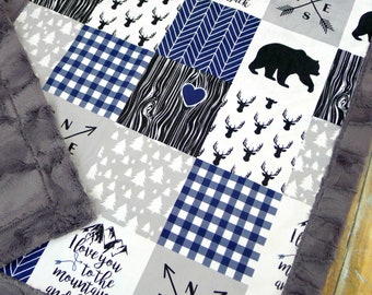 Manta de bebé con estampado de montañas - Manta de montaña personalizada - Manta de bebé con estampado de osos - Manta de bebé de tejido minky - Manta de bosque - Edredón sintético