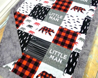 Customized Bear Baby Blanket - Faux Quilt - Little Man Blanket - Personalized Name Baby Blanket - Bear Blanket - Woodland