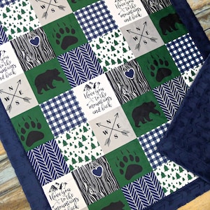 Coperta per neonati personalizzata - Coperta patchwork sintetica - Coperta montagna - Coperta orsetto - Coperta per neonati - Coperta verde navy