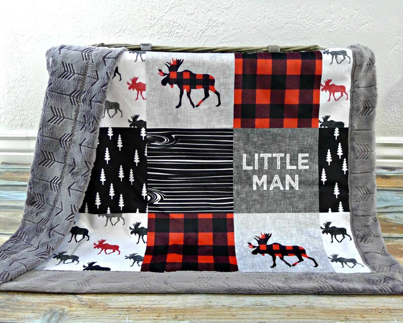 Personalized Minky Baby Blanket Buffalo Plaid Blanket Faux Quilt Little Man Blanket Baby Blanket Boy Moose Blanket Name Blanket image 2