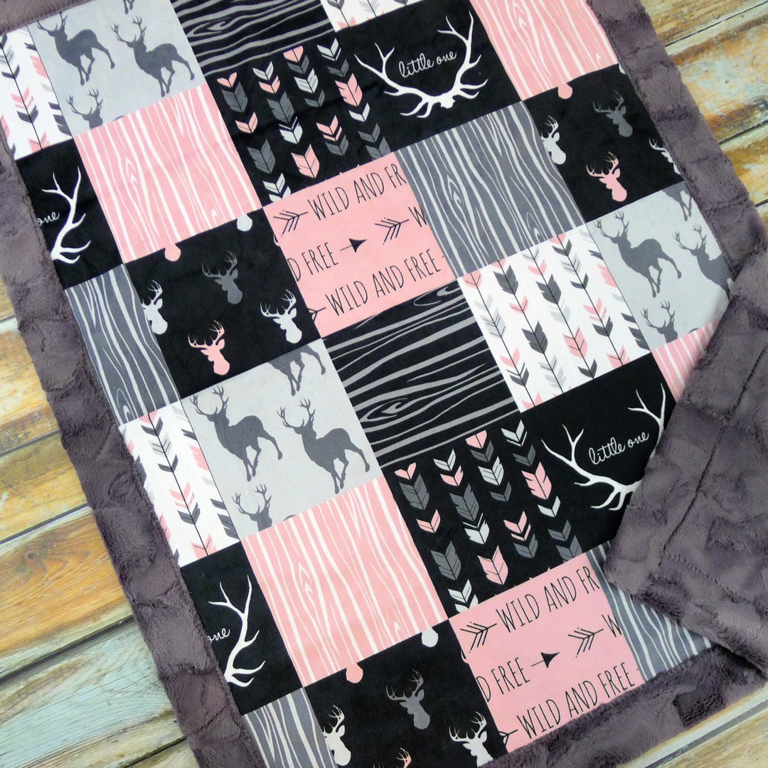 Personalized Deer Baby Blanket Faux Patchwork Quilt Little One Blanket Baby Blanket Baby Gift