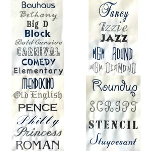 May include: A white fabric swatch with various embroidered font styles in blue and gray. The fonts include Bauhaus, Bethany, Big D, Block, Bold Cursive, Carnival, Comedy, Elementary, Mendocino, Old English, Pence, Philly, Princess, Roman, Fancy, Izzie, Jazz, MGM Round, MGM Diamond, Roundup, Script, Stencil, and Stuyvesant.