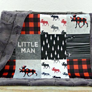 Personalized Minky Baby Blanket Buffalo Plaid Blanket Faux Quilt Little Man Blanket Baby Blanket Boy Moose Blanket Name Blanket image 6