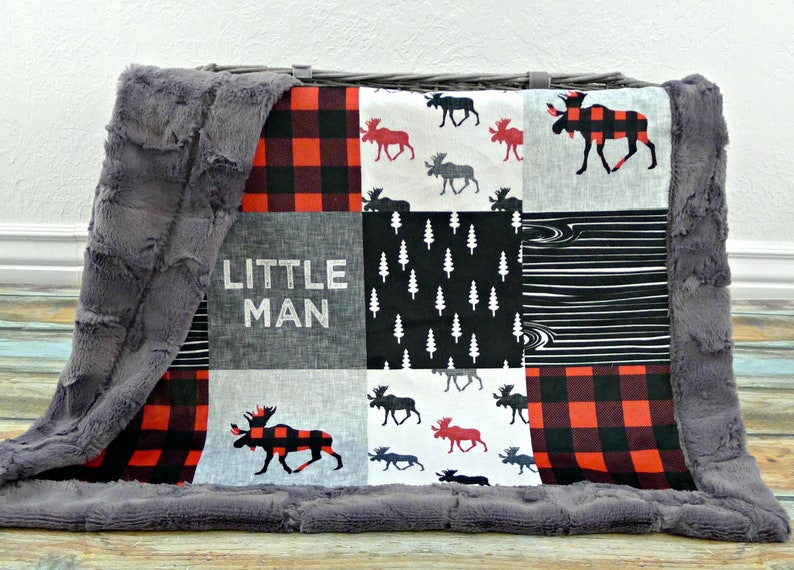 Personalized Minky Baby Blanket Buffalo Plaid Blanket Faux Quilt Little Man Blanket Baby Blanket Boy Moose Blanket Name Blanket image 6