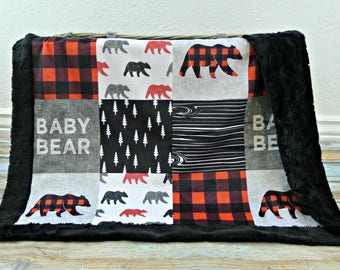 Personalized Minky Baby Blanket - Buffalo Plaid Blanket - Baby Bear Blanket - Name Blanket - Crib Blanket - Adult Minky Blanket