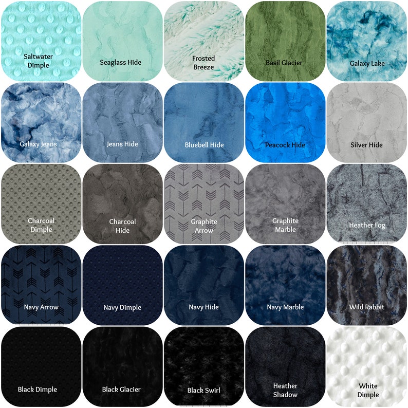 May include: A collection of 25 fabric swatches in various colors and textures, including dimple, hide, arrow, marble, and more. The swatches are arranged in a grid pattern.