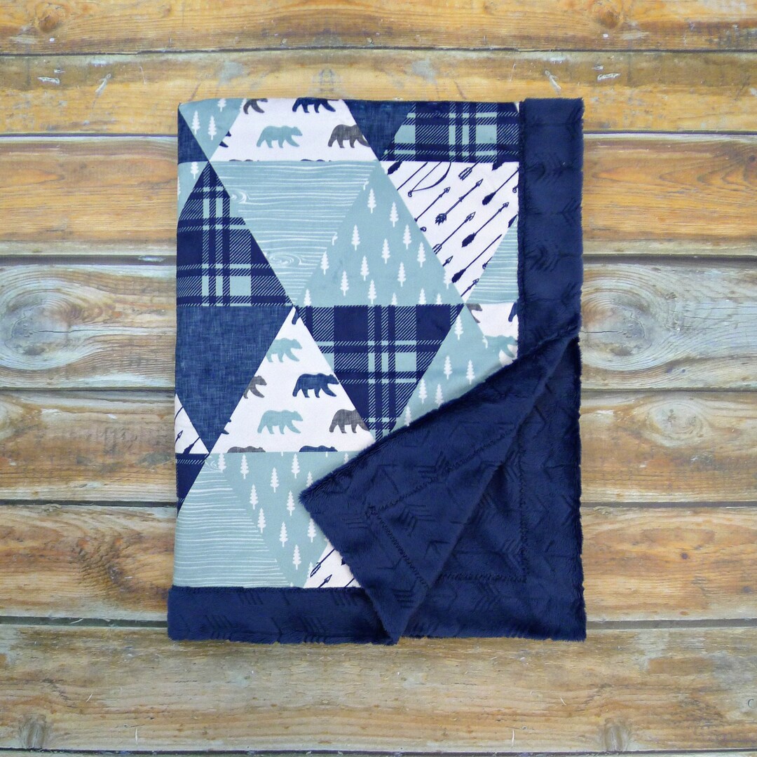 Personalized Bear Baby Blanket Faux Quilt Mountains Name Baby Blanket