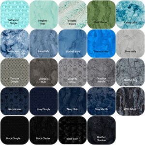 May include: A collection of fabric swatches in various colors and textures. The swatches include names like "Saltwater Dimple," "Seaglass Hide," and "Navy Marble." The fabrics range from smooth to textured, with dimples, swirls, and arrow patterns.