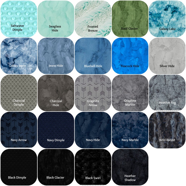 May include: A collection of fabric swatches in various colors and textures. The swatches include names like "Saltwater Dimple," "Seaglass Hide," and "Navy Marble." The fabrics range from smooth to textured, with dimples, swirls, and arrow patterns.