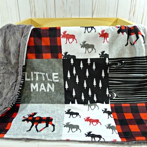 Personalized Minky Baby Blanket Buffalo Plaid Blanket Faux Quilt Little Man Blanket Baby Blanket Boy Moose Blanket Name Blanket image 4