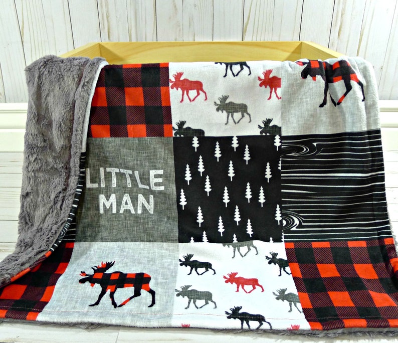 Personalized Minky Baby Blanket Buffalo Plaid Blanket Faux Quilt Little Man Blanket Baby Blanket Boy Moose Blanket Name Blanket image 4