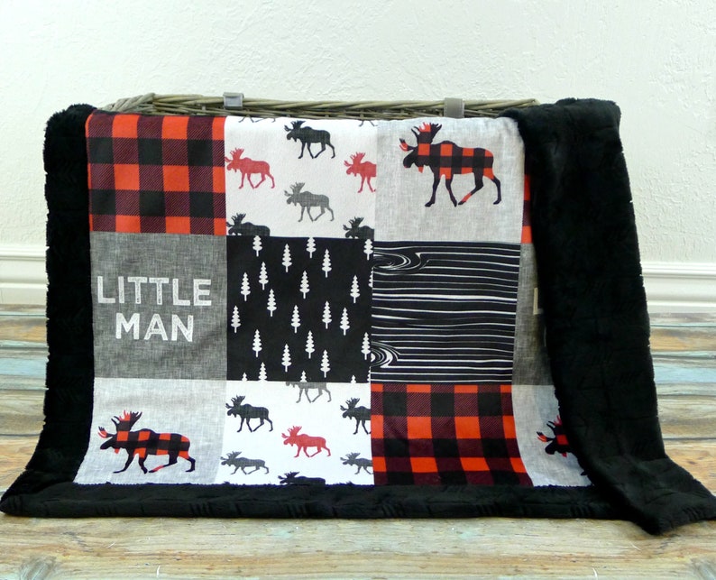 Personalized Minky Baby Blanket Buffalo Plaid Blanket Faux Quilt Little Man Blanket Baby Blanket Boy Moose Blanket Name Blanket image 7