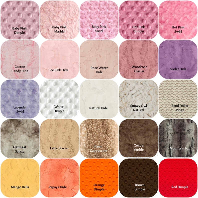 May include: A collection of fabric swatches in various colors and textures. The swatches include dimpled, marble, swirl, and hide patterns. Colors range from pinks and purples to browns, oranges, and reds. Each swatch has a label with its name.