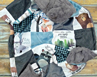 Woodland Nursery Baby Blanket - Faux Quilt - Minky Baby Blanket - Desinger Minky Baby Blanket - Baby Blanket Boy - Baby Blankets - Baby Gift