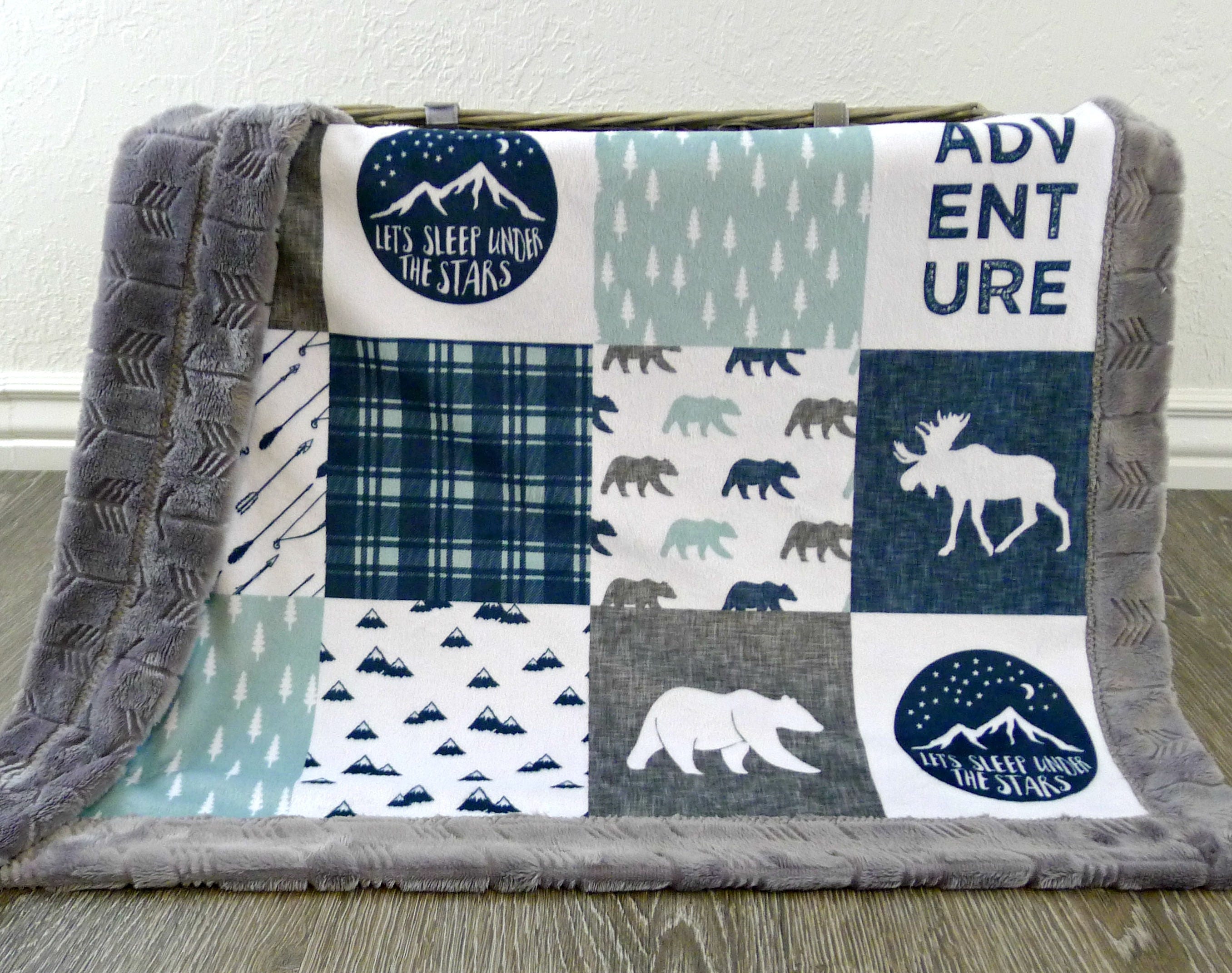 Minky Baby Blanket - Personalized Baby Boy Blanket - Navy Baby Boy Bedding - Adventure Blanket - Woodland Nursery - Rustic Nursery