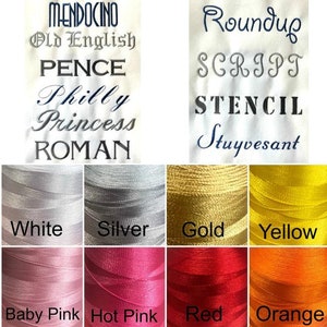 May include: Image showcasing various embroidery fonts and thread colors. The fonts include Bauhaus, Block, Carnival, and others. Thread colors range from white and silver to gold, red, and navy blue. A visual guide for embroidery projects.