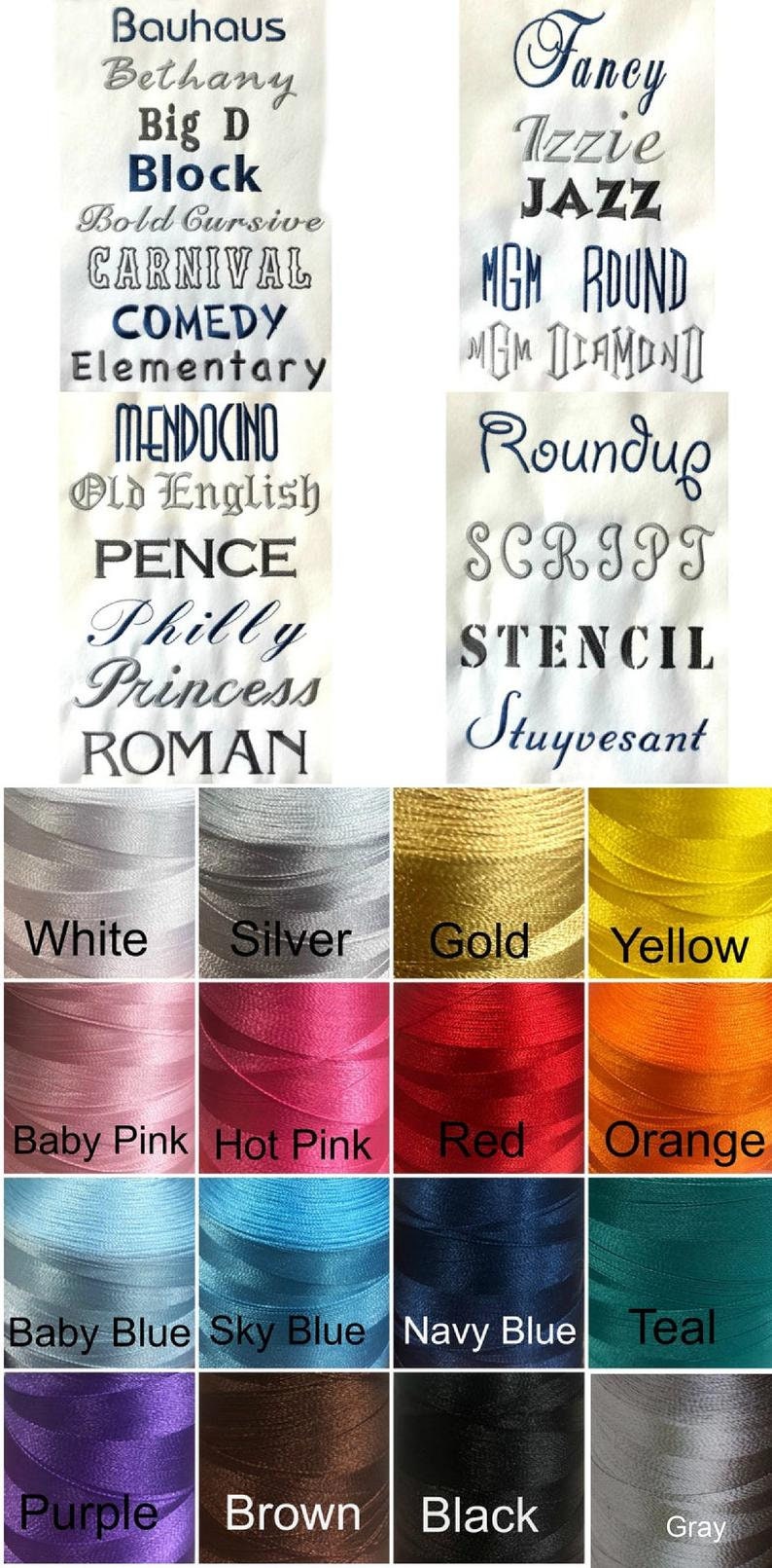 May include: Image showcasing various embroidery fonts and thread colors. The fonts include Bauhaus, Block, Carnival, and others. Thread colors range from white and silver to gold, red, and navy blue. A visual guide for embroidery projects.