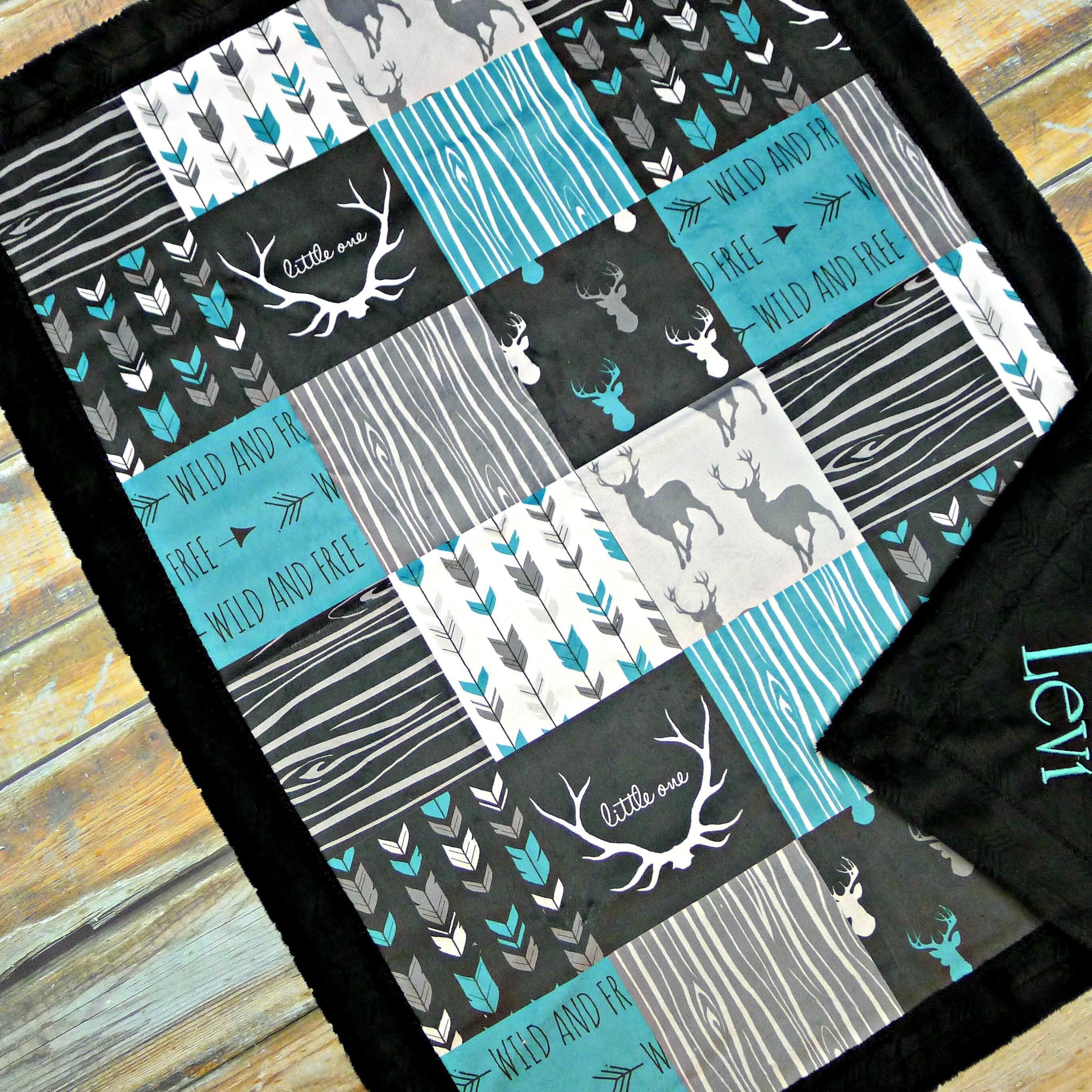 Baby Boy Blanket - Faux Patchwork Quilt - Little One Blanket - Deer Baby Blanket - Teal Baby Baby Blanket - Baby Boy Gift Personalized