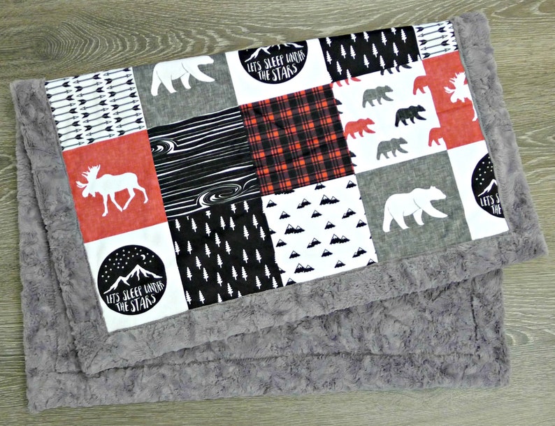 Personalized Baby Blanket Faux Patchwork Quilt Moose Baby Blanket Bear Baby Blanket Baby Blanket Boy Minky Baby blanket image 8