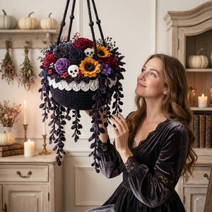 Crochet Flower Korb Pattern, Witchy Blumenampel PDF, Skull Rose Sunflower Decor für Halloween