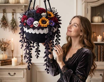 Crochet Flower Korb Pattern, Witchy Blumenampel PDF, Skull Rose Sunflower Decor für Halloween