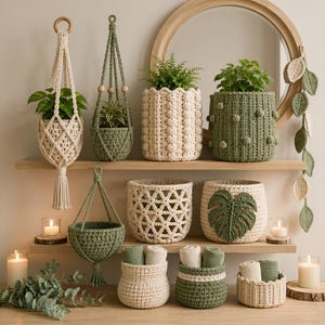 May include: A collection of cream and sage green crocheted plant hangers, textured baskets, and storage bowls. The set includes hanging planters with tassels, cylindrical pots with bobble stitches, a basket with a leaf motif, and small rolled towels.