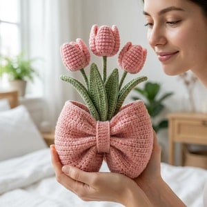 May include: A handcrafted crochet arrangement featuring three soft pink tulip blossoms with green stems and leaves, nestled inside a textured pink crochet pot shaped like a large decorative bow with a central knot detail.