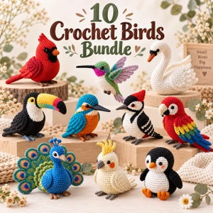May include: A collection of 10 crocheted birds including a red cardinal, a hummingbird, a white swan, a toucan, a kingfisher, a woodpecker, a parrot, a peacock, a cockatoo, and a penguin, with text reading 10 Crochet Birds Bundle.