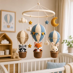 Patrón PDF de móvil de bebé con globo aerostático a crochet, móvil de animales del bosque, decoración de cuna con zorro, conejo y mapache, regalo para baby shower, amigurumi.