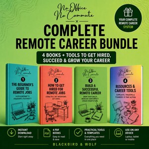 May include: A Complete Remote Career Bundle with four books and tools to get hired, succeed, and grow your career. The books are in teal, orange, green, and purple. The bundle includes instant download, PDF books, practical tools, and templates.