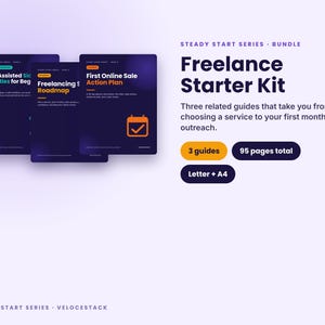Puede incluir: Un paquete digital titulado Freelance Starter Kit de la serie Steady Start. Incluye tres guías con un total de 95 páginas en formatos Letter y A4. Las portadas son de color morado oscuro con texto e iconos naranjas, incluyendo títulos como AI-Assisted Side Hustles, Freelancing Roadmap y First Online Sale Action Plan.