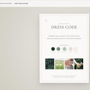 Puede incluir: Una interfaz digital titulada Dress Code Customizer que muestra una plantilla de tarjeta de código de vestimenta para bodas. La tarjeta incluye el texto DRESS CODE, una paleta de colores botánicos con cinco muestras y cuatro fotos.