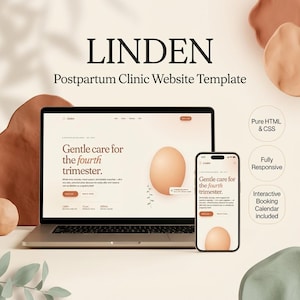 Może przedstawiać: Laptop i smartfon prezentują szablon strony internetowej dla kliniki poporodowej. Projekt strony internetowej charakteryzuje się miękką paletą kolorów z tekstem "Gentle care for the fourth trimester." Dodatkowy tekst obejmuje "Pure HTML & CSS", "Fully Responsive" i "Interactive Booking Calendar included."