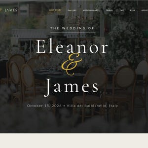 Op de afbeelding: Website homepage voor Eleanor & James, met huwelijksdetails. De tekst bevat de namen van het paar, de datum en de locatie in Italië. Het ontwerp is elegant, met een romantisch thema.