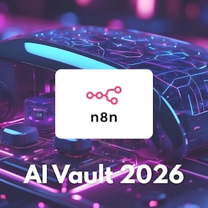 Könnte beinhalten: Ein digitales Kunstwerk mit futuristischem Thema. Das Bild zeigt ein weißes Quadrat mit einem roten Logo und dem Text "n8n". Darunter stehen die Worte "AI Vault 2026" in Weiß. Der Hintergrund hat ein Neon-Blau- und Lila-Farbschema.