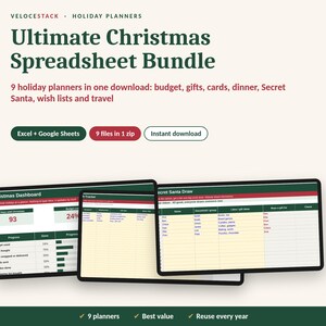 May include: Ultimate Christmas Spreadsheet Bundle by VELOCESTACK featuring 9 holiday planners for budget, gifts, cards, dinner, Secret Santa, wish lists, and travel. Includes Excel and Google Sheets compatibility in a single zip file download.