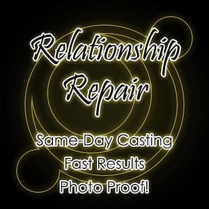 以下が含まれることがあります： 黒い背景に輝く黄色の円形の輪郭と、Relationship Repair、Same-Day Casting、Fast Results、Photo Proof!と書かれた白いテキスト。デザインは、テキストの後ろにネオン風の黄色いリングが配置された暗い背景が特徴です。