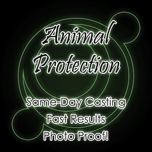 Peut inclure: Un design graphique noir avec des lignes circulaires vert fluo et le texte blanc Animal Protection, Same-Day Casting, Fast Results, et Photo Proof! Le design présente un fond sombre avec une esthétique néon et des lettres en gras.