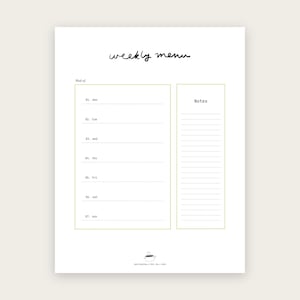 Op de afbeelding: Een wit weekmenu-plannerblad met zwarte tekst weekly menu bovenaan. Het bevat een sectie voor de week van, een kolom met genummerde dagen van 01. mon tot 07. sun met stippellijnen en een notitiekolom met stippellijnen voor extra notities.