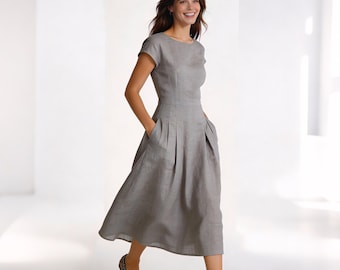 Leinen Midikleid mit Taschen, 100% Leinenkleid für Frauen, Elegantes A-Linie Leinenkleid, Minimalistisches Sommerkleid, Leinenkleid