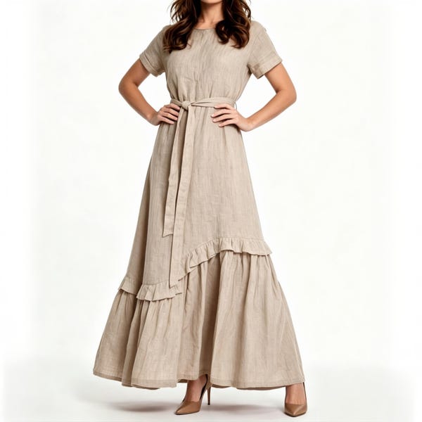 Linen Maxi Dress, 100% Linen Belted Dress, Ruffle Tiered Linen Dress, Short Sleeve Summer Dress, Custom Size