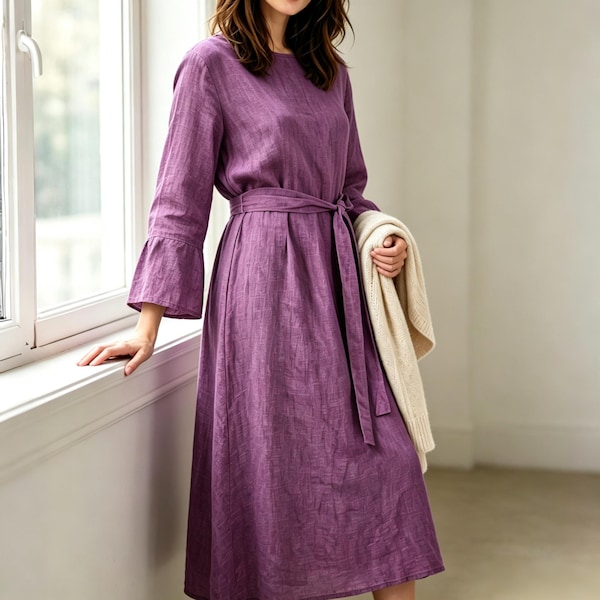 Violet Purple Linen Midi Dress, Belted Tie Waist Flared Sleeve Dress, Boho Inspired Summer Dress for Women
