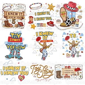 May include: A collection of digital graphic designs featuring cowboy boots, hats, alphabet blocks, and stars. Text elements include phrases like I KNEW IT, I KNEW YOU, IT'S A TAY STORY, BABY, JUST SAY YEEHAW, and TOY STORY, with various western-themed illustrations.