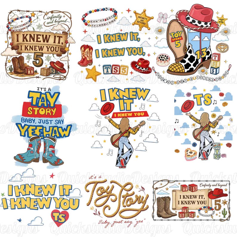 May include: A collection of digital graphic designs featuring cowboy boots, hats, alphabet blocks, and stars. Text elements include phrases like I KNEW IT, I KNEW YOU, IT'S A TAY STORY, BABY, JUST SAY YEEHAW, and TOY STORY, with various western-themed illustrations.