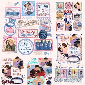 May include: A collage of illustrations featuring couples, hockey-themed elements, and text. The designs include stamps, book covers, and text such as "Off Campus," "Briar University," and "Hockey Romance Club." The color palette is primarily pink, blue, and white.
