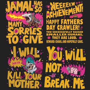 Puede incluir: Camiseta negra con gráficos y texto. El texto incluye frases como "Jamal tiene tantas disculpas que dar" y "No me romperás". Las ilustraciones presentan un tiburón, un dinosaurio y otros elementos de dibujos animados.