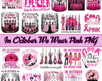 Pacote PNG "Em Outubro Usamos Rosa", Sublimação de Halloween para Conscientização do Câncer de Mama, Clipart de Fita de Bruxa Assustadora, Arquivo para Camiseta de Fantasma Rosa