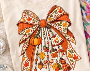 Laço Coquette Outono PNG, Sublimação Charme de Outono, Clipart de Cachecol de Abóbora e Café, Camisa Xadrez com Fita e Suéter Aconchegante de Ação de Graças com Estampa de Latte e Especiarias PNG