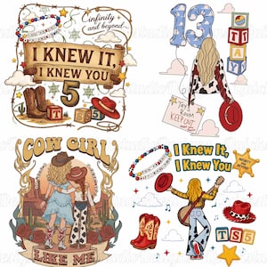 Op de afbeelding: Een verzameling van vier grafische illustraties met cowboylaarzen, rode hoeden, alfabetblokken en figuren met blond haar. De tekst bevat "I KNEW IT, I KNEW YOU", "Cinfinity and beyond", "TAY'S ROOM KEEP OUT", "COW GIRL LIKE ME" en "TS5".